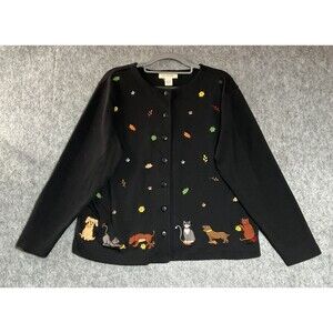 Vintage Bechamel Sweater Women Large Black Pets Cats Dogs Leaves Cardigan Cotton